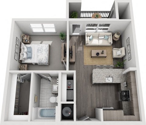 Floor plan for 1 bed, 1 bath, 644 sqft